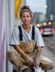 Female street artist or painter sitting on the sidewalk with a paint can on a city street at dusk