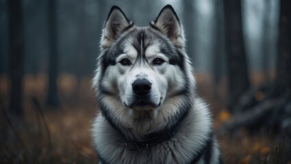 Alaskan Malamute dog portrait in domesticated pet, known for being friendly and suitable as a pet close to children.