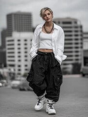 Young woman in streetwear fashion standing outdoors in urban environment with grey buildings in the background