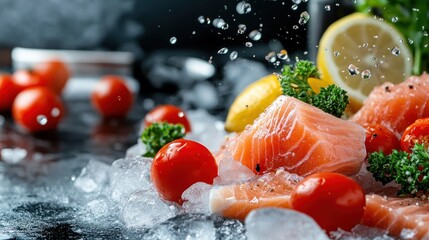 An enticing display of fresh salmon fillets surrounded by vibrant cherry tomatoes, lemon slices, and parsley, emphasizing healthy culinary options for gourmet meals and recipes.