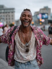 Joyful LGBT Man Expressing Happiness Outdoors in Urban City Environment