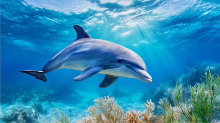 Obraz premium Dolphin swimming through clear blue ocean waters under sunlight
