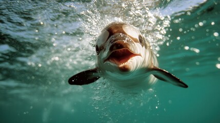 This dynamic underwater image captures a joyful dolphin surfacing for air, emphasizing the playful and intelligent nature of this marine creature in its natural habitat.