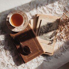 Vintage still life with tea cup old book photographs and delicate lace fabric