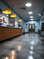 Empty Restaurant Kitchen with Warm Pendant Lighting and Shiny Tiled Floor