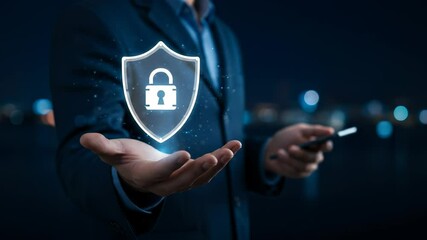 Cybersecurity Protection: Shield, Lock Icon, and Man with Phone - Digital Security Solutions - Powered by Adobe