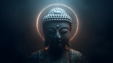 An illuminated Buddha statue with a glowing ring around its head, set against a dark background, symbolizes enlightenment and peace.