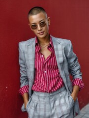 Stylish young woman with buzz cut hairstyle in fashionable plaid suit and sunglasses against red wall