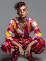 Stylish young woman in colorful checkered outfit, squatting with attitude against gray background