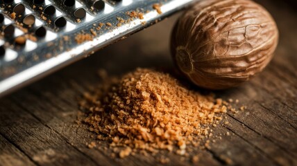 Close-up of whole nutmeg with grater and freshly grated spice on wooden surface