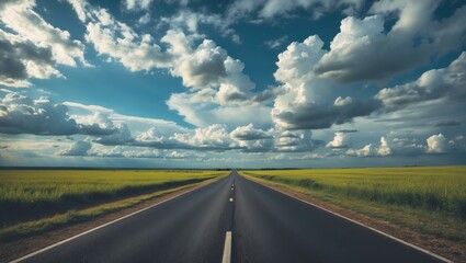 A Road Extending Beyond The Horizon Covered With Many White Clouds On A Sunny Summer Day