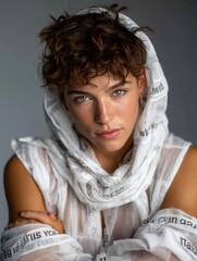 Portrait of a young woman with short curly hair wearing a white hooded top with text, looking directly at the camera