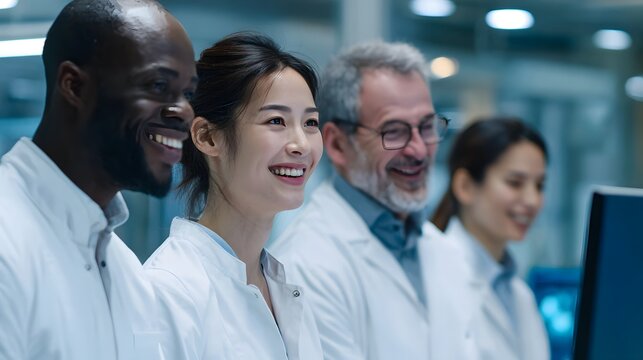 Diverse team of smiling scientists in lab coats collaborating and looking at data on a computer screen with a bright background.