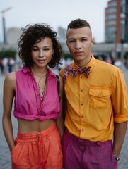 Stylish young couple in colorful casual outfits outdoors in an urban setting on a cloudy day