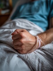 Close-up of a patient's hand resting with IV line attached in a hospital bed, showing medical care and recovery