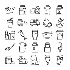 Collection of Milk and Dairy Product Icons in Outline Style Including Delivery