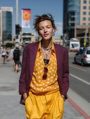 Fashionable young woman with short hair in stylish casual outfit walking in city street