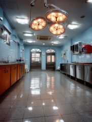 Sterile Hospital Operating Room with Surgical Lights and Medical Equipment
