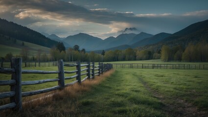 A split rail fence, pasture and meadow, and the mountains near Stanley.
