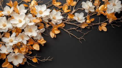 A stunning floral composition featuring white flowers and golden leaves intertwining, creating an artistic and elegant display that celebrates nature's beauty and creativity.