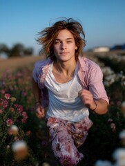 Young man running through a colorful flower field at sunset, enjoying nature and outdoor activity