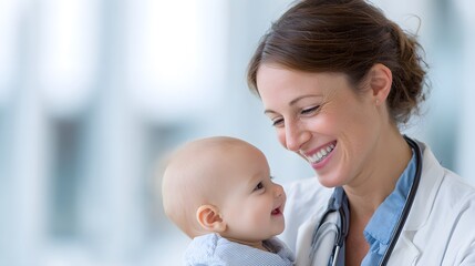 Smiling female doctor holding a happy baby in a hospital setting, representing healthcare, pediatrics, and the bond between caregiver and child.