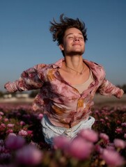 Joyful young woman enjoying sunny day in field of pink flowers with arms outstretched and eyes closed