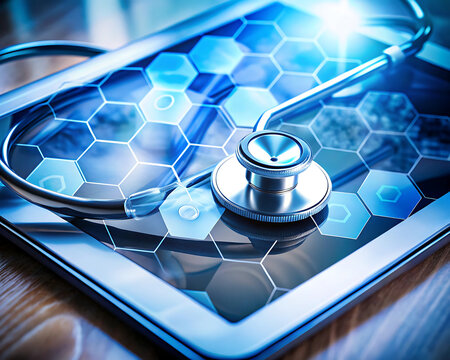 A silver stethoscope rests on a tablet displaying a hexagonal medical interface