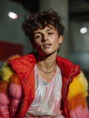 Young woman with short curly hair wearing colorful jacket and iridescent top, urban background at night
