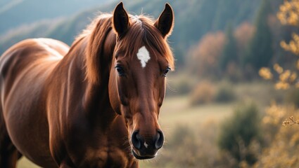Obraz premium A brown horse on nature background.