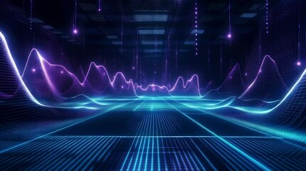 Digital technology abstract cyberspace with connected dots on 3d wave landscape. Concept of AI artificial intelligence, big data, data science, virtual reality, metaverse. Horizontal video. - Powered by Adobe