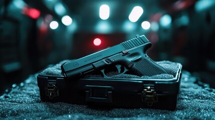 A sleek handgun carefully placed in a tactical case, highlighting its design and functionality, ideal for promotional materials related to firearms or self-defense.