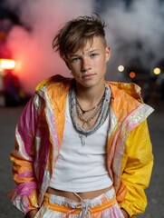 Youthful person with edgy hairstyle and fashionable colorful clothing outdoors at sunset with smoke and lights