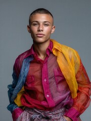 Stylish young person with short hair wearing colorful translucent shirt and jacket, confident expression, minimalist gray background