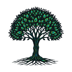 Vibrant Tree of Life Illustration with Intricate Roots, green, blue, art, drawing, Vector logo