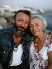 Elderly Couple Enjoying a Moment by the Sea During Sunset with Close Embrace and Smile