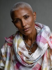 Elegant mature woman with short platinum hair wearing colorful patterned scarf and layered silver necklaces