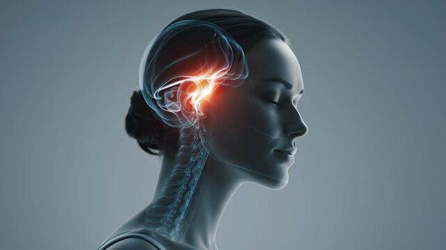 Human anatomy showing brain activity highlighting temporal lobe, responsible for processing auditory information, memory, and language comprehension, in a profile view x ray style