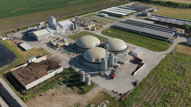 Aerial view of biogas plant for biomethane production.