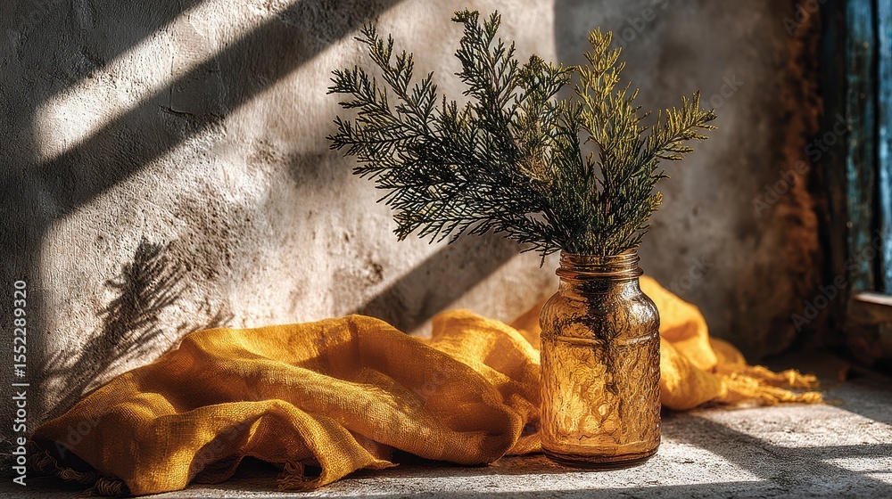 Poster Sunlight Streams Through Window onto Wall, Casting Shadow of Evergreen Branch in Glass Jar Next to Yellow Cloth