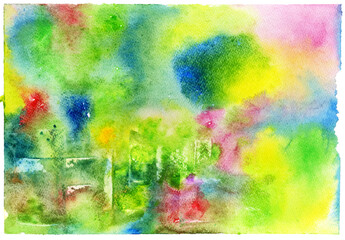 Vibrant abstract watercolor background Green yellow dominate chaotic color blends with seamless transitions. Painted wet-on-wet on textured paper. Full coverage, no white space. Experimental art piec
