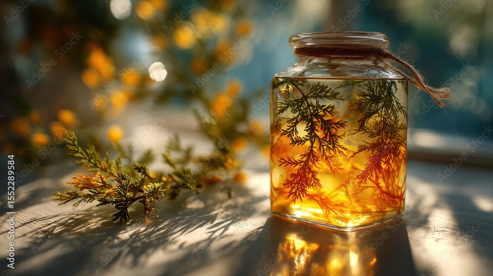 Poster Sunlight Streams Through Window onto Wall, Casting Shadow of Evergreen Branch in Glass Jar Next to Yellow Cloth