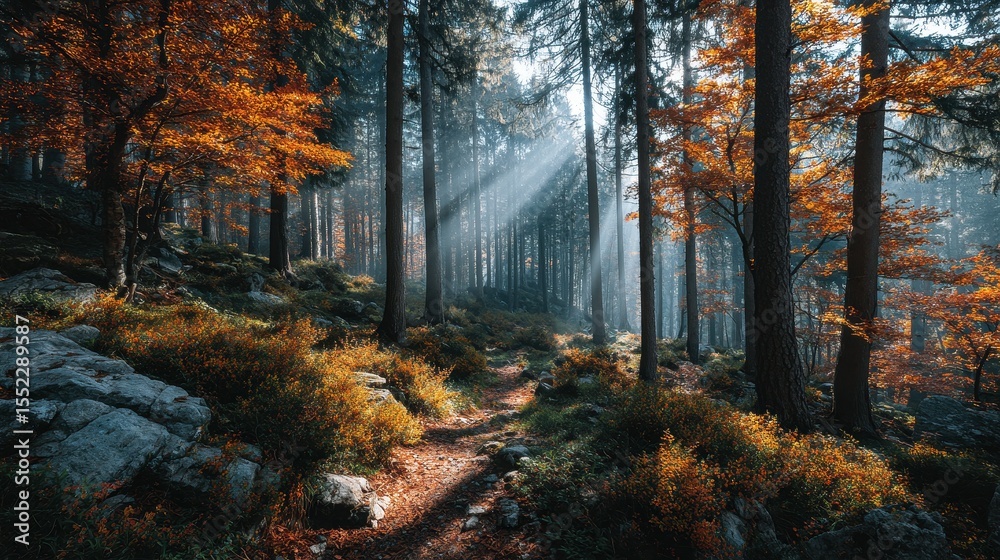 Poster sunlight filters through tall trees and autumn foliage along a rocky trail in the bavarian forest na