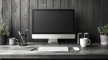 Sleek black-and-white workspace with clean layout. Desktop computer setup on rustic wooden desk with modern accessories. Perfect for productivity, minimalist design, or tech lifestyle visuals.

