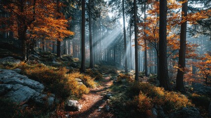 Sunlight filters through tall trees and autumn foliage along a rocky trail in the bavarian forest national park during the day