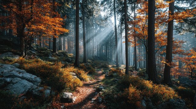 Sunlight filters through tall trees and autumn foliage along a rocky trail in the bavarian forest national park during the day