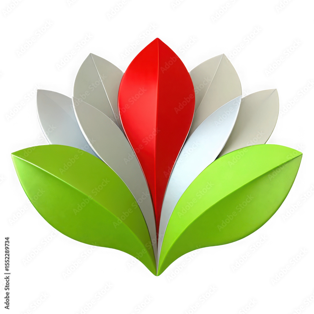 Fototapete abstract 3d rendered flower petal design with red center and green leaves isolated on transparent ba