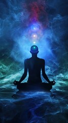Fototapeta premium Silhouette of man practicing yoga in lotus pose against blue smoke background. Meditation. Yoga. Buddhism. Guru Concept. Yoga Concept with Copy Space.