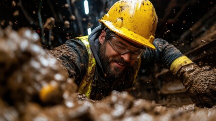 Fototapeta premium This image showcases a gritty construction scene where a worker is immersed in thick mud, highlighting the physical challenges and dedication required in manual labor.