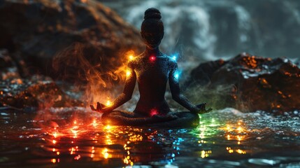 Obraz premium Meditating buddha in lotus position with colorful light. Meditation. Yoga. Buddhism. Guru Concept. Yoga Concept with Copy Space.